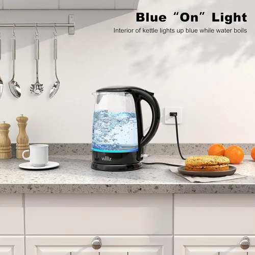 Miniatura 5 de Willz Hervidor eléctrico de vidrio con mango resistente al calor y vertido inalámbrico, tecnología de ebullición rápida y apagado automático, luz
