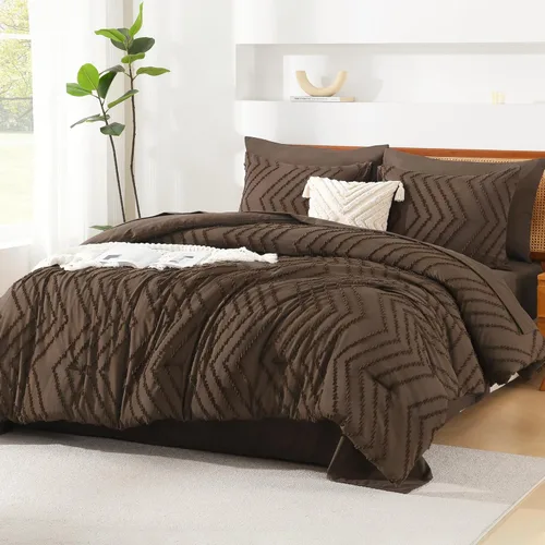 Miniatura 22 de Litanika Juego de ropa de cama con edredón tamaño King con sábanas beige - Juego de 7 piezas en una bolsa, diseño King Chevron copetudo bohemio