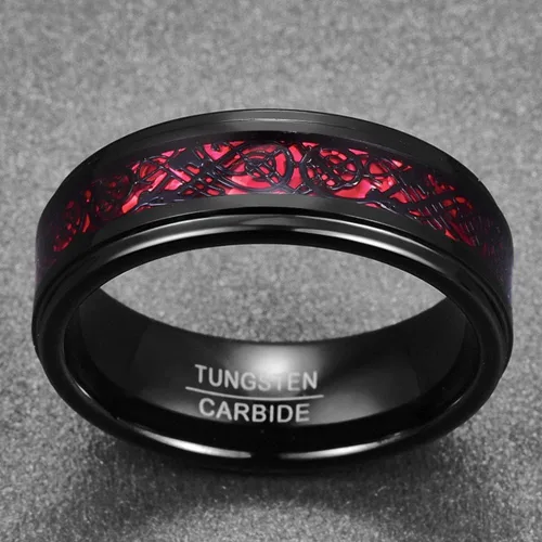 Miniatura 3 de Corato Anillos de tungsteno para hombre, 0.315in, dragón celta negro y ópalo rojo, dos tonos, carburo de tungsteno, borde escalonado, ajuste cómodo