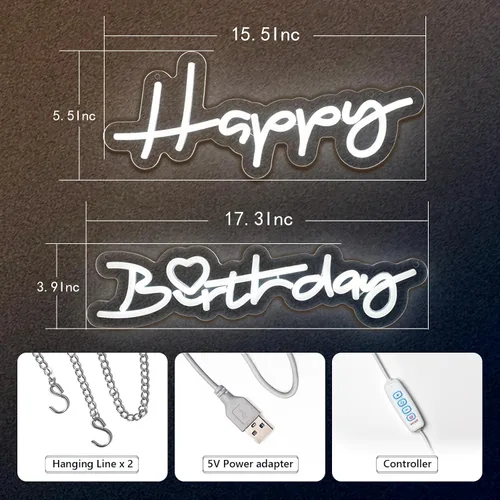 Miniatura 6 de Letrero de neón de feliz cumpleaños para decoración de fiesta de cumpleaños, letreros LED iluminados para telón de fondo, letrero de cumpleaños