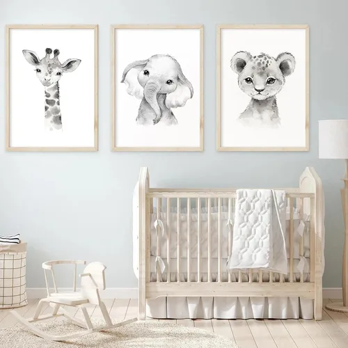 Miniatura 18 de Arte de pared para bebé niño, decoración deportiva para guardería, lienzo de animales de safari, arte de pared de bosque para habitación de bebé
