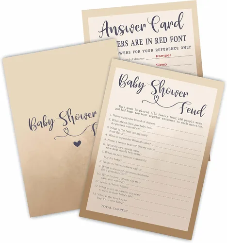 Family Feud - Tarjeta de juego para baby shower, juego de relleno de doble cara caqui de 5 x 7 pulgadas para bebé, niño o niña, 30 tarjetas y 1