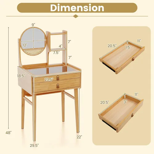 Miniatura 7 de Escritorio de tocador bohemio con espejo, mesa de tocador de maquillaje de bambú con 2 cajones de almacenamiento, estantes de gabinete y mesa