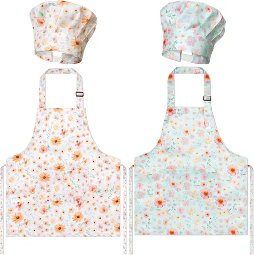 Miniatura 11 de Juego de 4 delantales y sombrero de chef para niños, regalo para niñas y niños, con palabras del alfabeto de animales, delantales ajustables