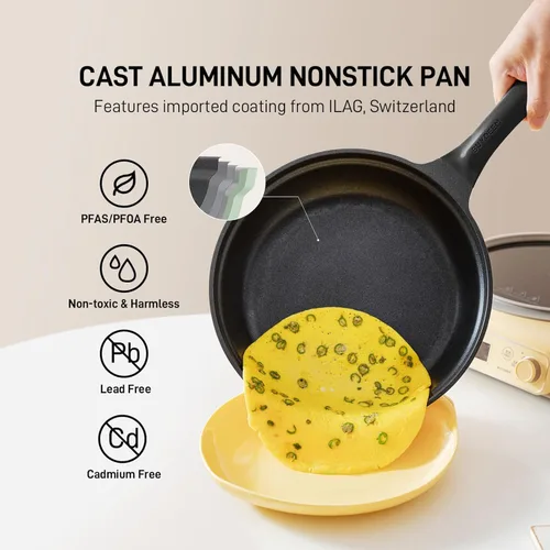 Miniatura 4 de BUYDEEM Sartén antiadherente de aluminio fundido de 10.2 pulgadas, sartén de calentamiento rápido y uniforme con tapa de vidrio, compatible