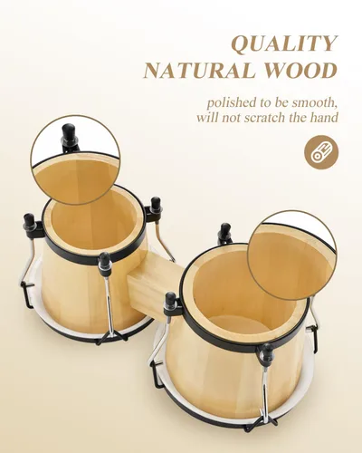 Miniatura 4 de Batería de bongó Eastar de 6" y 7" de madera, instrumento de percusión para niños, adultos y principiantes con acabado natural, EBO-1 Natural Finish