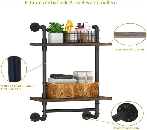 Miniatura 7 de Helsin Estantes de Baño Flotantes de Tubería Industrial Montados en la Pared con Barra de Toallas, Estante de Pared de Madera Rústica de 2 Niveles