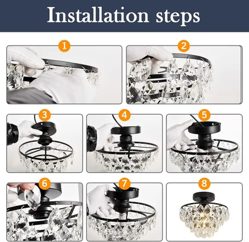 Miniatura 5 de YYJLX Lámpara de techo moderna de cristal pequeña, mini accesorio de luz de araña de montaje semiempotrado negro para pasillo, dormitorio, baño
