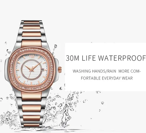 Miniatura 7 de Relojes de mujer Moda Cuadrado Dial Acero Inoxidable Impermeable Fecha Diamante Damas Vestido Relojes de Pulsera