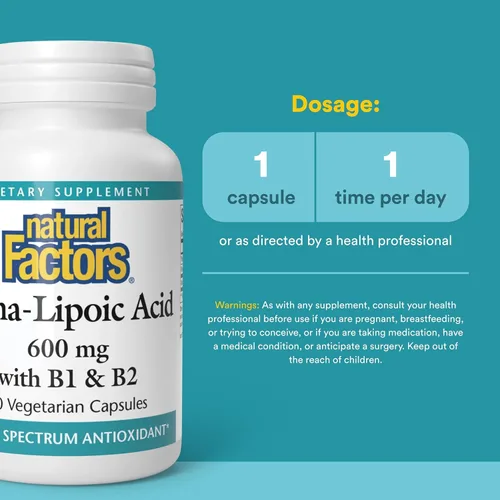 Miniatura 3 de Natural Factors Ácido alfa lipoico con B1 y B2 - Soporte antioxidante* - Sin OMG - 60 cápsulas vegetarianas