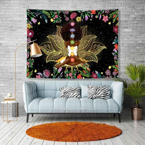 Miniatura 2 de Ine Ive Tapiz de chakra africano, mujer afroamericana, tapices de meditación zen, 40 x 30 pulgadas, cielo estrellado, flores, jardín, inspirador