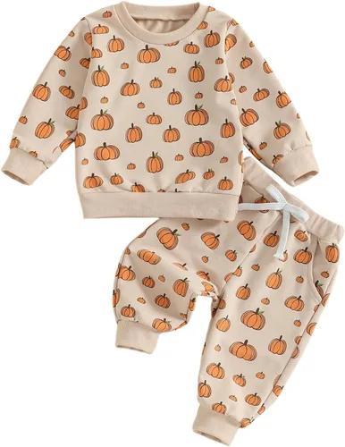 Miniatura 56 de Adobabirl Conjunto de sudadera y pantalones de Halloween para bebé, sudadera y pantalones con parche de calabaza para Halloween, otoño, ropa de bebé