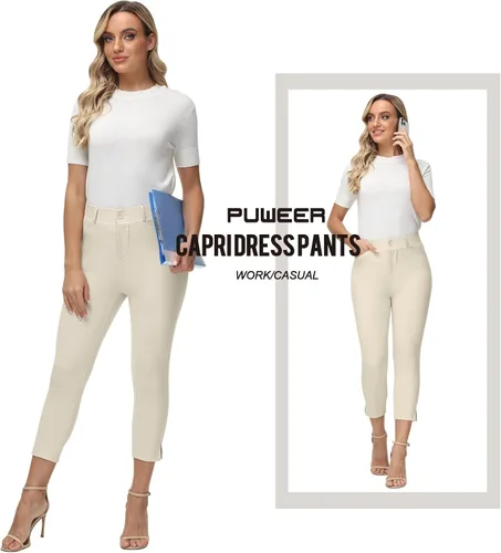 Miniatura 5 de PUWEER Pantalones capri para mujer, elegantes, casuales, elásticos, rectos, con bolsillos