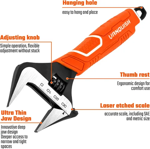Miniatura 3 de Vanquish Llave ajustable de 8 pulgadas, llave de fontanería de apertura de mandíbula ancha de 1-1/2”, acero CR-V, con escala SAE y métrica marcada