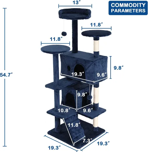 Miniatura 7 de Árbol para gatos, 54 pulgadas de alto con 3 postes rascadores, 3 plataformas, 2 condominios, para gatos de interior Azul marino
