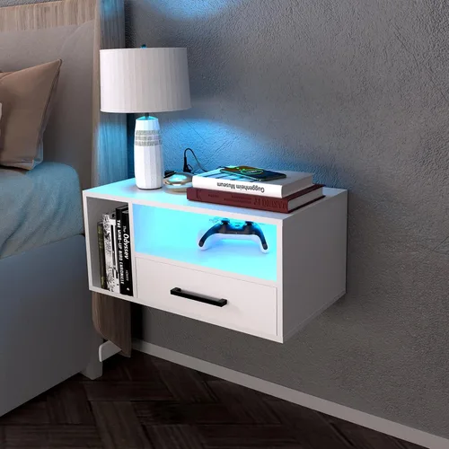 Miniatura 10 de Mesita de noche flotante con estación de carga y tiras de luz LED, mesita de noche de 21.3 pulgadas con cajones, mesita de noche flotante