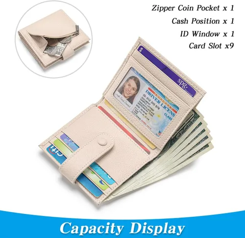Miniatura 2 de Cartera delgada para mujer de cuero genuino pequeño plegable titular de la tarjeta de crédito con cremallera moneda bolsa de identificación ventana