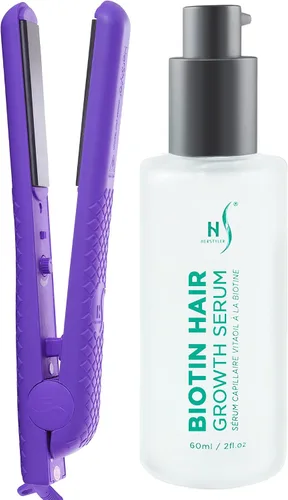 Herstyler Colorful Seasons - Plancha plana de cerámica, doble voltaje, 1.25 pulgadas, color morado y HerStyler Biotina para el crecimiento del