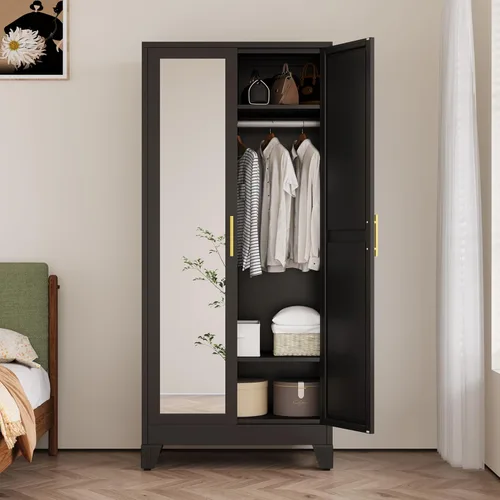 Ckzbx Armario Ropero de Metal de 71" de Alto con Espejo, Estantes Ajustables, Barra para Secar Ropa, Gabinete Ropero de Acero para Dormitorio (Negro)