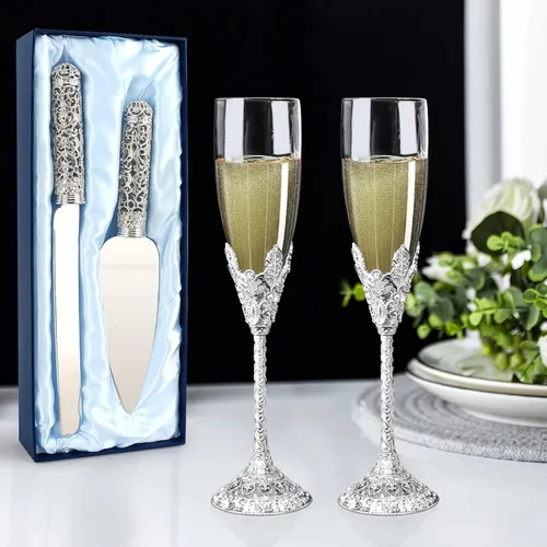 Miniatura 8 de Juego de cuchillo y servidor de plata para boda, juego de 2 piezas de postre con mango de metal con piedras de cristal para decoración de bodas