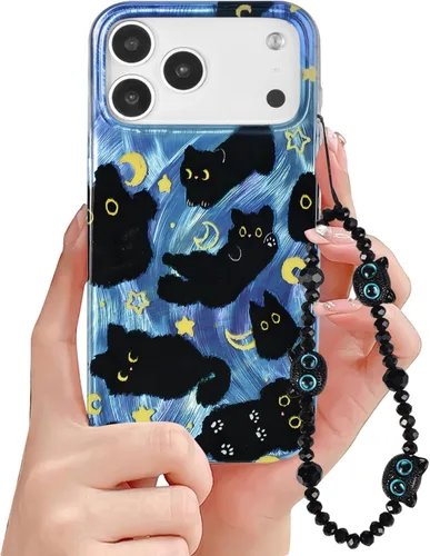 Miniatura 17 de Funda de teléfono para iPhone 11 con patrón de gato lindo, estética, genial y femenina con correa de encantos de teléfono y cadena, funda protectora