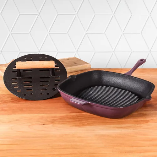 Miniatura 7 de BergHOFF Cast Iron2Piece Grill Set - Prensa para parrilla y prensa para carne, rojo