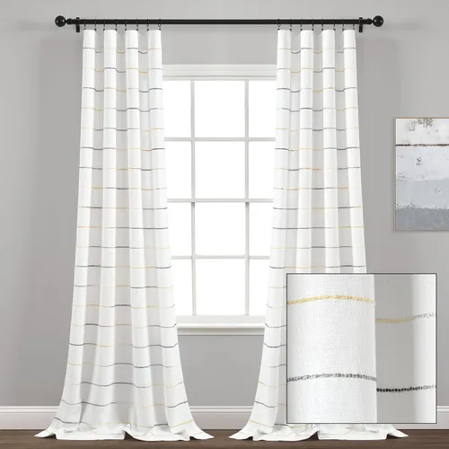 Miniatura 8 de Lush Decor Paneles de Cortinas de Ventana de Algodón Teñido con Hilo de Rayas Ombré, Par, 40" An x 95" L, Amarillo y Gris - Cortinas - Cortinas
