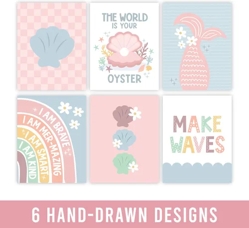 Miniatura 2 de Hadley Designs 6 decoraciones de sirena para habitación de niñas, arte de pared de sirena para dormitorio y baño, impresiones sin marco bajo el mar