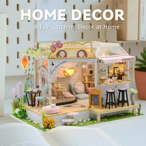 Miniatura 9 de Flever Kit de casa de muñecas en miniatura para bricolaje, habitación creativa con muebles para regalo romántico de San Valentín (Cat Cafe Garden)
