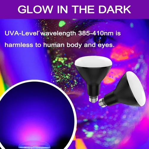 Miniatura 4 de BR30 - Paquete de 2 bombillas UV negras para fiesta brillante, 15 W (equivalente a 100 W), E26 UVA 385-410 nm, bombilla LED grande de luz negra