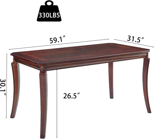 Miniatura 2 de PADMA HOUSE Mesa de comedor tradicional de madera maciza para 6, 59 pulgadas de largo, mesa rectangular de madera con patas curvas, escritorio