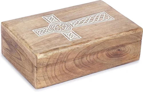 Ajuny Caja de almacenamiento decorativa de madera tallada a mano para joyas, caja de arte, organizador de almacenamiento con diseño de cruz blanca,