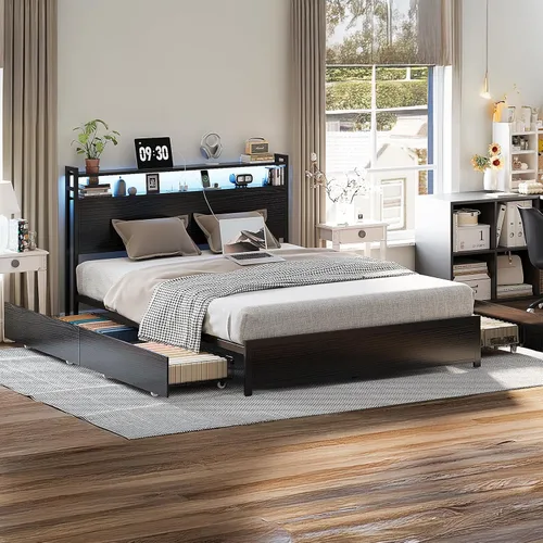 Miniatura 15 de VINGLI Base de cama LED Queen con 4 cajones de almacenamiento y estante de cabecera ajustable, plataforma de metal con estación de carga para niños