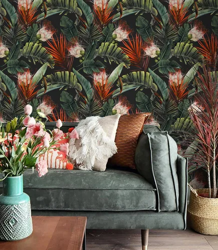 Miniatura 6 de HAOKHOME Papel tapiz removible con diseño floral de selva para despegar y pegar, papel de pared de vinilo negro/verde/rojo, papel de contacto, 17.7