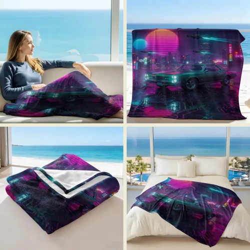 Miniatura 2 de Cyber Synthwave GTO - Manta de franela retro neón, súper suave y acogedora, manta versátil para decoración de dormitorio y sofá