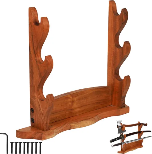 Miniatura 10 de Mythrojan Soporte de espada medieval de madera maciza horizontal para katana, samurái, gladiador, espadas cruzadas, soporte de mesa elegante, 1 nivel