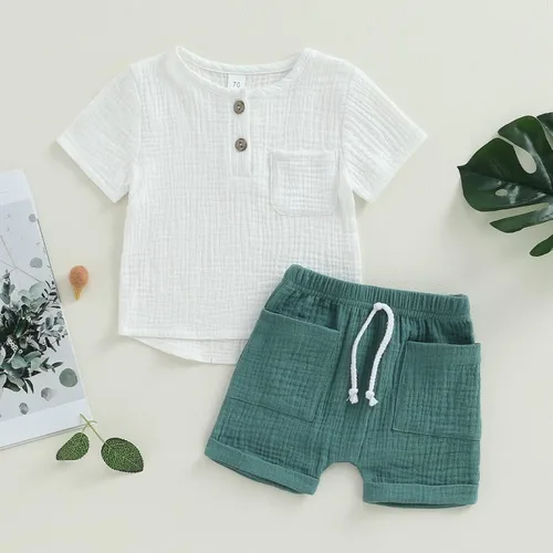 Miniatura 16 de fhutpw Conjunto de 2 piezas de ropa de verano para bebés, camiseta de manga corta, cintura elástica, pantalones cortos para niños pequeños
