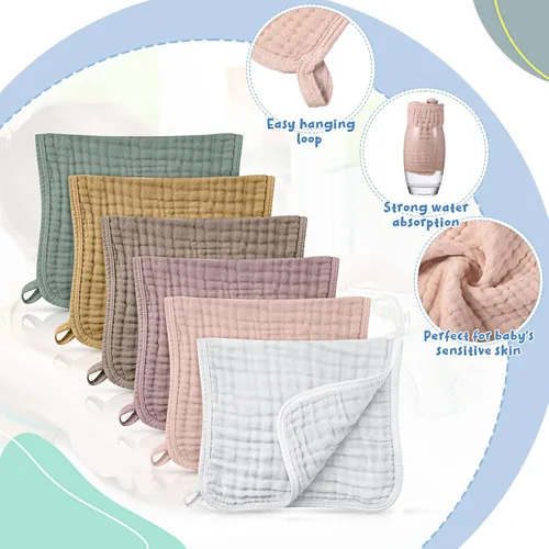 Miniatura 3 de Irenare - Gasas, pañales o toallitas faciales para bebés grandes de muselina, multicolor; con 6 capas absorbentes; 6 unidades, de 20 x 10 pulgadas.