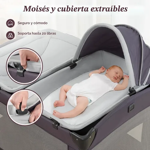 Miniatura 3 de Corral portátil para bebé 4 en 1, corralito plegable para bebé con moisés extraíble, toldo y cambiador, Playrad infantil, cuna de viaje