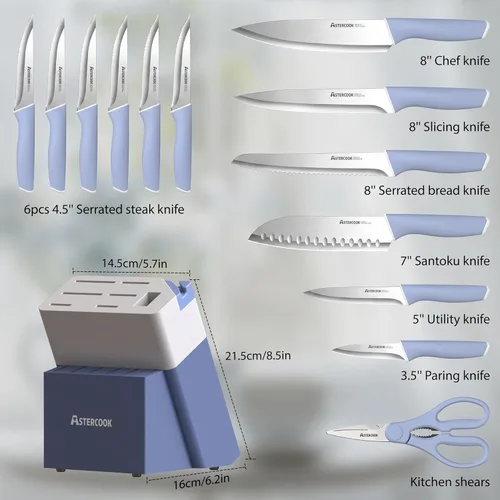 Miniatura 5 de Astercook - Juego de cuchillos de cocina con bloque y afilador de 15 piezas. Cuchillos alemanes de acero inoxidable de alta carbono con Azul