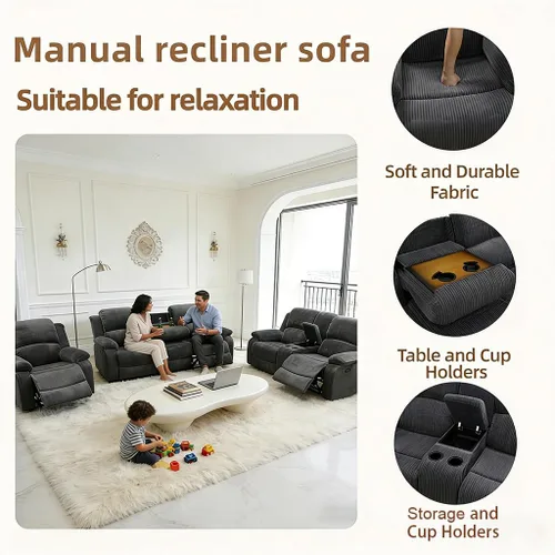 Miniatura 4 de Juego de sofá reclinable manual, juego de sofá reclinable de pana, juego moderno de muebles para sala de estar, sofá reclinable con silla para sala