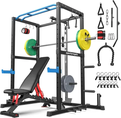 Miniatura 34 de Sportsroyals Jaula de Potencia, Rack de Potencia Multifuncional de 1600 libras con Sistema de Cruce de Cable Ajustable y Más Accesorios de Azul