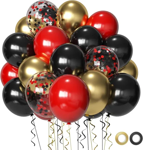 Globos de fiesta rojos, negros y dorados, globos de látex negro y rojo, 50 globos de 12 pulgadas, rojo, negro y dorado, para graduación, Hollywood,
