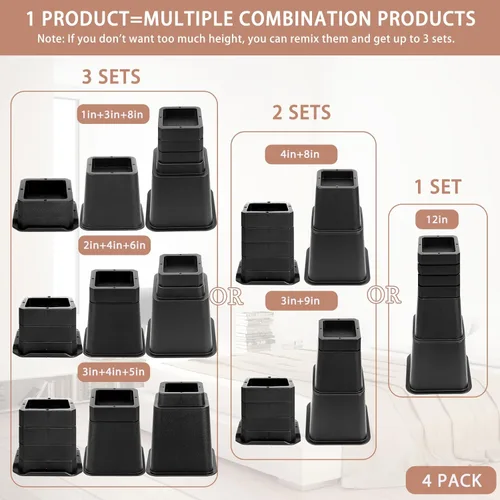 Miniatura 5 de 28 PCS Elevadores de Cama Ajustables de 12 Pulgadas Resistentes, Elevadores de Muebles con Elevación en Alturas de 1, 2, 3, 4, 5, 6, 7, 8, 9, 10