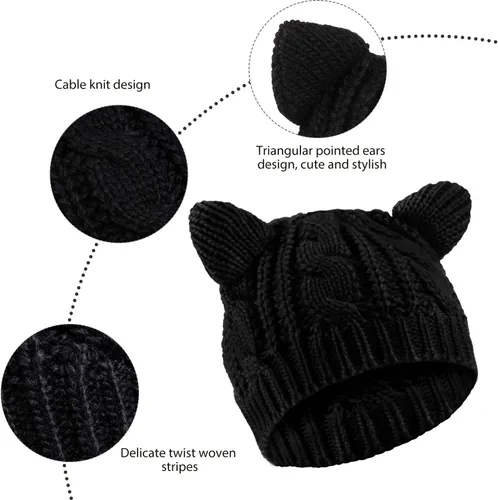 Miniatura 6 de SATINIOR Lindo gorro de punto con orejas de gato, gorro de punto de invierno para mujeres y niñas