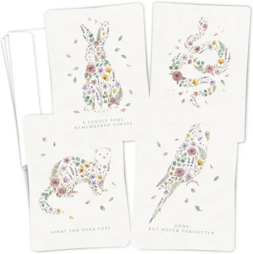 Hat Acrobat 24 Pet Sympathy Cards with Envelopes - 4 Watercolor Botanical Designs (Rabbit, Bird, Ferret, Snake) - Exotic Pet Loss Condolence Cards