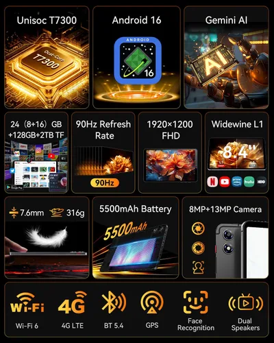 Miniatura 2 de Tablet Android 16 de 8.4 pulgadas con Gemini AI, Unisoc T7300 Octa-Core 24 (8+16) GB RAM 128GB ROM 2TB TF, FHD 90Hz BPad T1, cámara de 13MP 4G LTE
