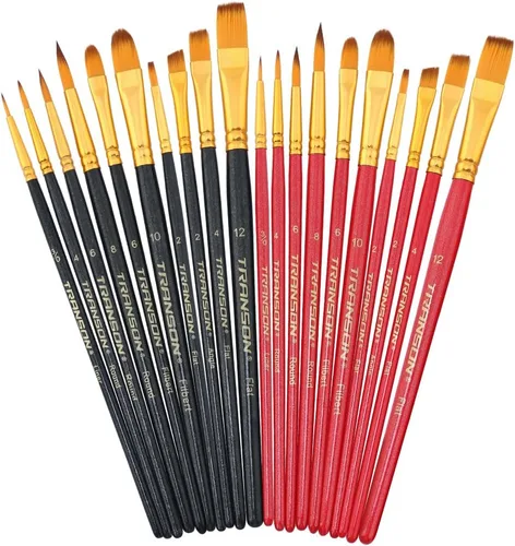 Transon Juego de 20 pinceles para pintar para acrílico, acuarela, gouache, pasatiempo, manualidades, pintura de roca y cara en negro y rojo Negro y