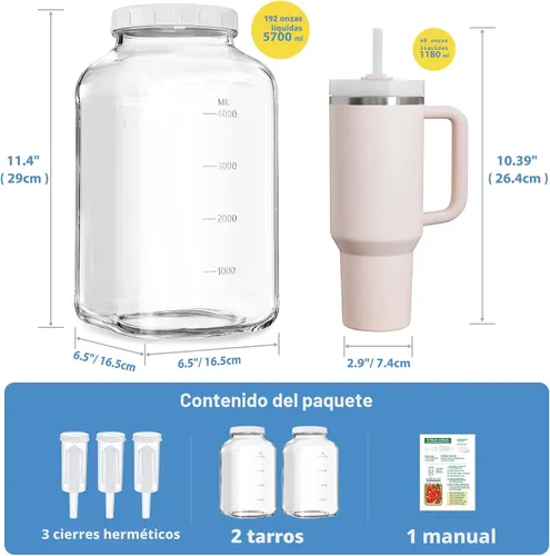 Miniatura 4 de Paquete de 2 frascos grandes de fermentación, frascos de vidrio de 1.5 galones con tapa 100% hermética y 3 válvulas de fermentación, frascos grandes