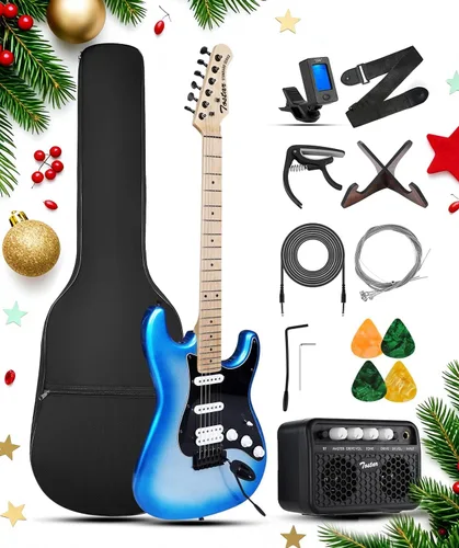 Miniatura 25 de Tostar Kit de guitarra eléctrica con amplificador, 39 pulgadas, tamaño completo, 6 cuerdas, ligero, diseño de cuerpo redondeado, interruptor